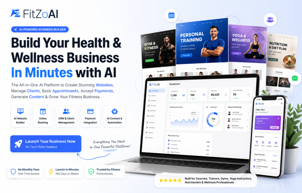FitZoAI AI-powered health and wellness business builder dashboard showing website templates, CRM system, booking tools and fitness platform interface on laptop and mobile