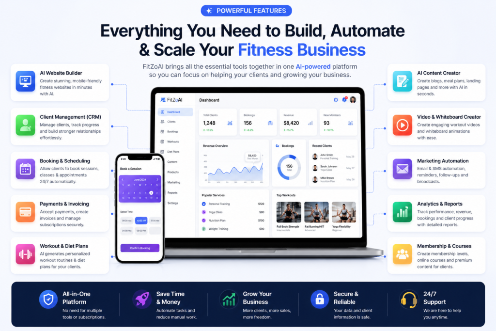 FitZoAI features infographic showing AI website builder, CRM client management, booking system, payment integration, marketing automation and fitness business dashboard interface