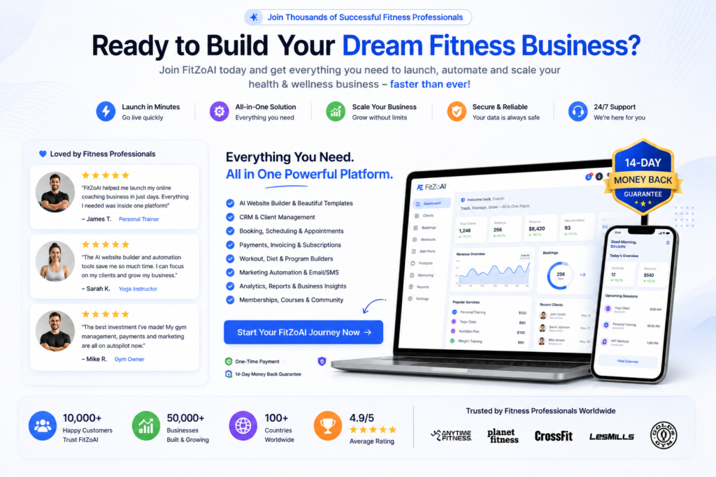 FitZoAI final call to action section showing AI health and wellness business builder dashboard, customer testimonials, and start your fitness business CTA