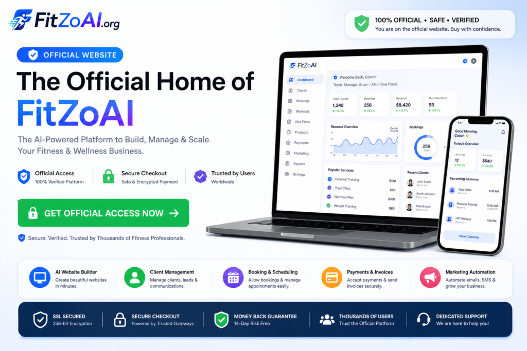 FitZoAI official website banner showing secure and verified access to AI health and wellness business builder platform with dashboard and mobile interface